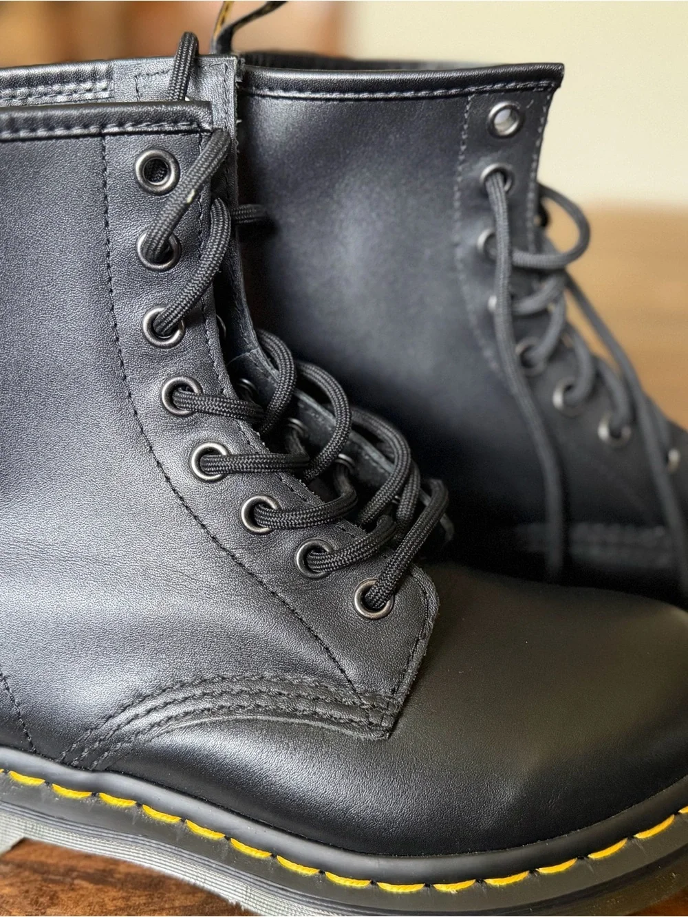 Dr. Martens Kids Black Lace-Up Boots with Yellow Stitching